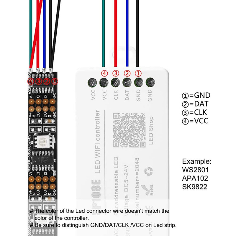 DC5-24V SP108E WiFi LED Addressable RGB SPI Pixel Controller, DIY Modes, For Programmable LED Strip